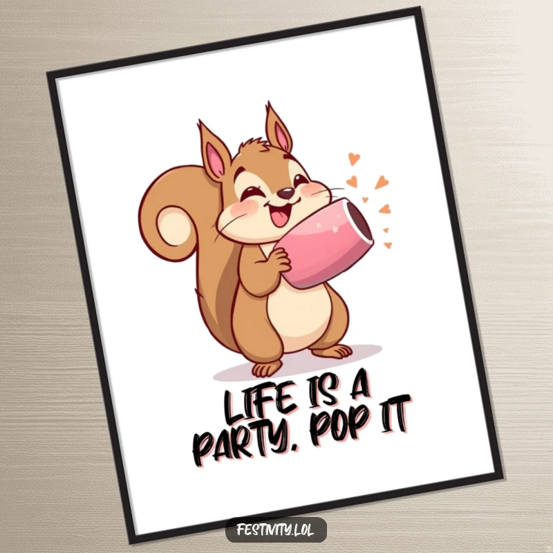 Funny Free Printable Wall Art: A delighted squirrel brandishing an oversized party popper, ready to burst with joy, downloadable art.
