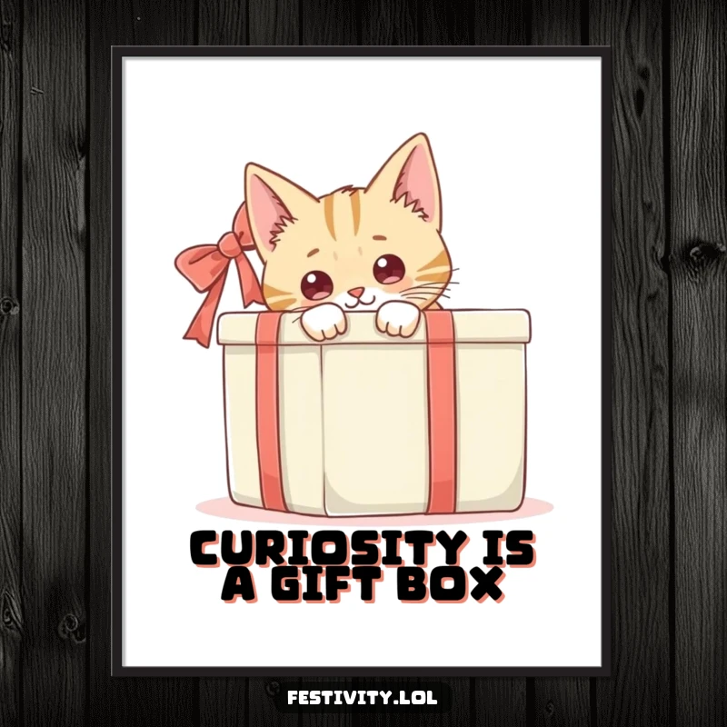 Funny Free Printable Wall Art: A curious cat emerges from behind a large gift box, adding whimsy. Downloadable decor.