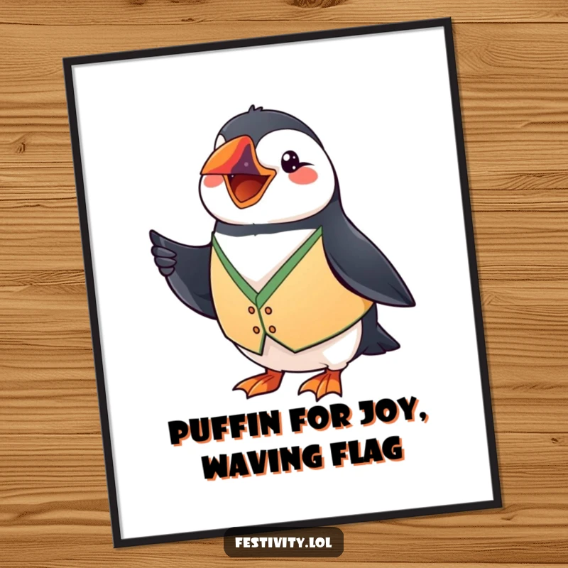 Funny Free Printable Wall Art: A grinning puffin wearing a festive vest and waving a tiny flag, bringing cheerful vibes.