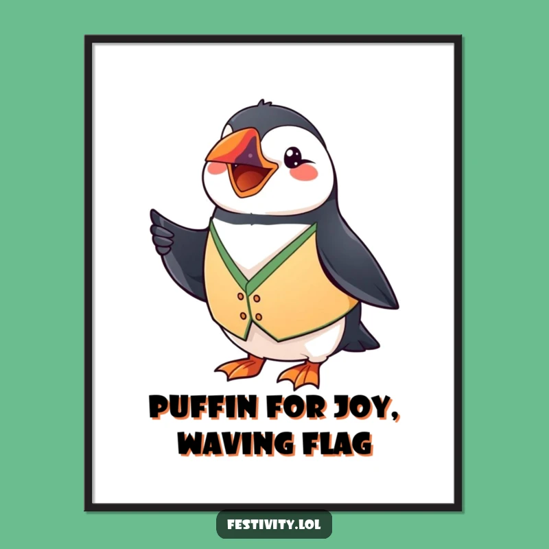 Funny Free Printable Wall Art: Grinning Puffin Festive - Cheerful Downloadable Decor