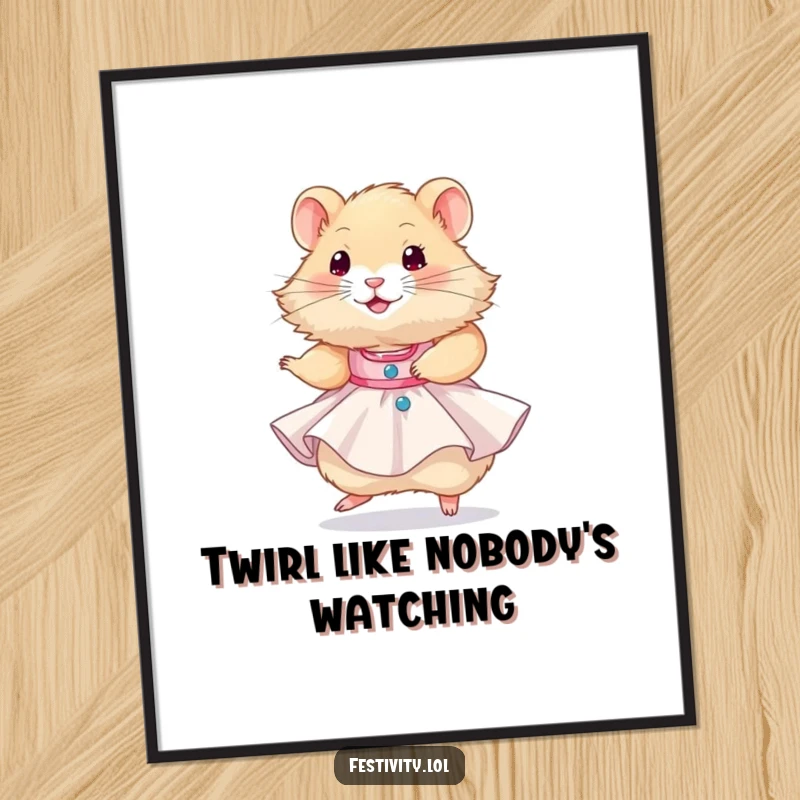 Funny Free Printable Wall Art: A fluffy hamster joyfully twirling in a tiny party dress. Downloadable decor.