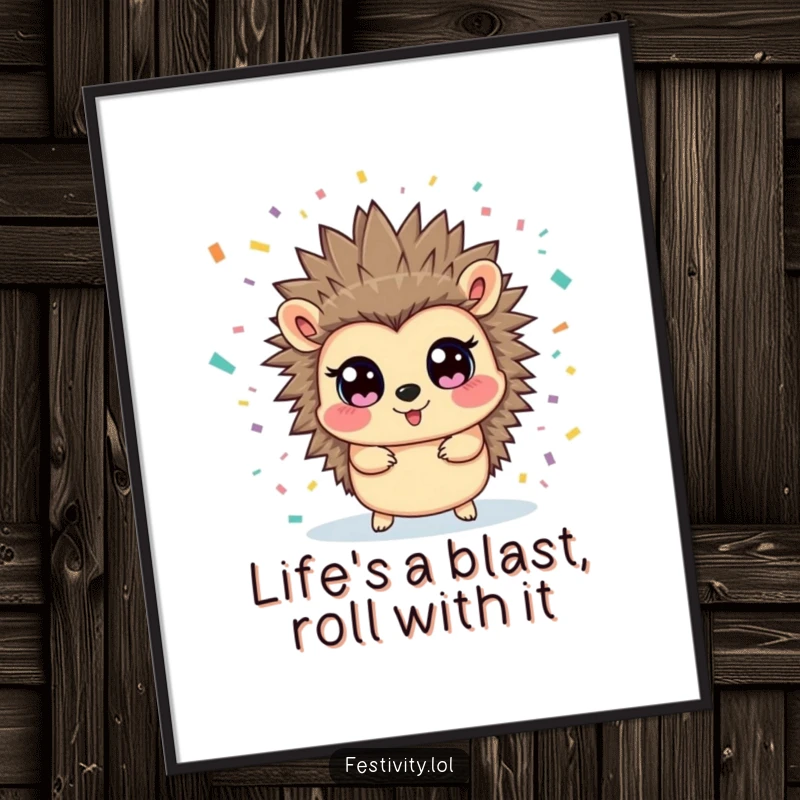 Funny Free Printable Wall Art: A hedgehog looks comically surprised as confetti explodes around its wide eyes.