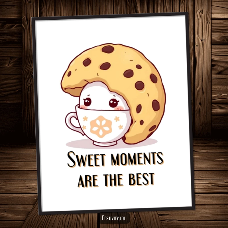Funny Free Printable Wall Art: A shy teacup character peeks from under a giant cookie, creating a sweet and humorous scene.