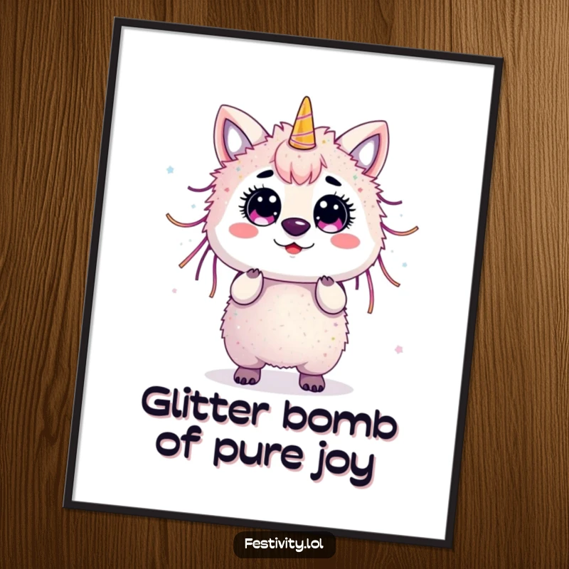 Funny Free Printable Wall Art: Surprised animal completely covered in streamers and glitter, a chaotic burst of fun.