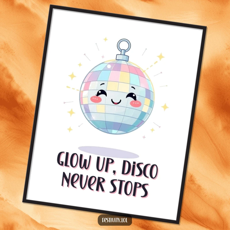 Funny Free Printable Wall Art: A satisfied disco ball character beams with scattered light, bringing a festive, happy twinkle to any room.