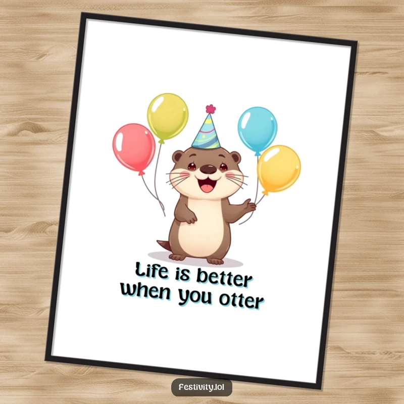 Funny Free Printable Wall Art: A happy otter in a party hat juggling colorful balloons, a cheerful and playful decoration.