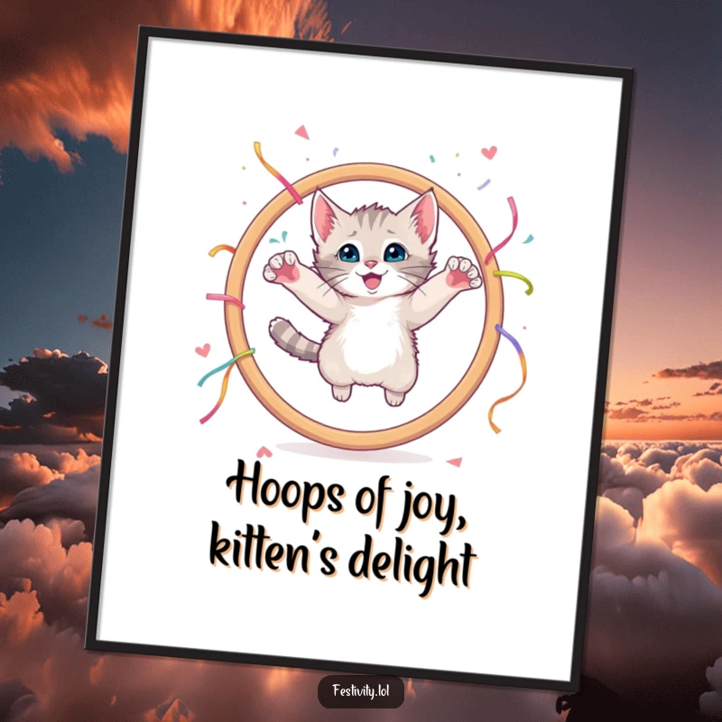 Funny Free Printable Wall Art: A small kitten with curiosity leaps gracefully through a giant hoop adorned with streamers.