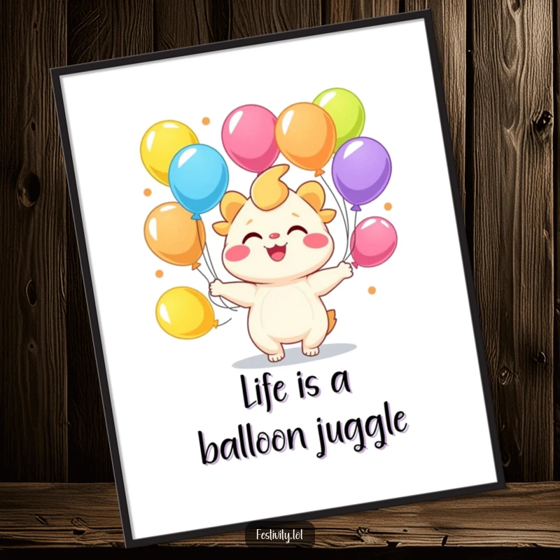 Funny Free Printable Wall Art: Joyful creature juggling colorful balloons with a wide smile, pure visual delight.