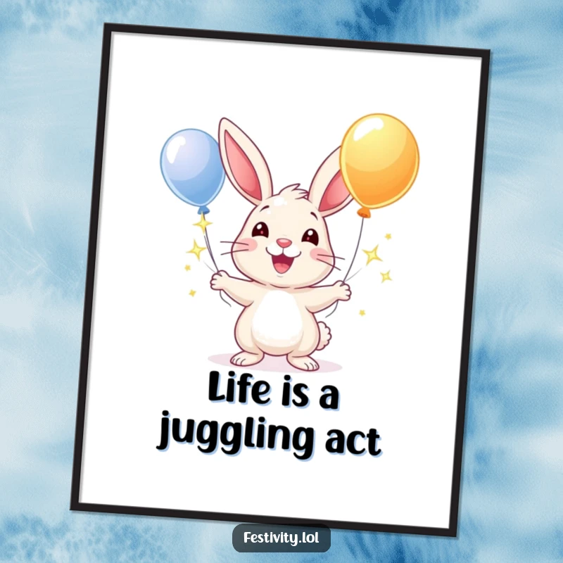 Funny Free Printable Wall Art of a cheerful rabbit with a wide smile, skillfully juggling sparkling balloons.