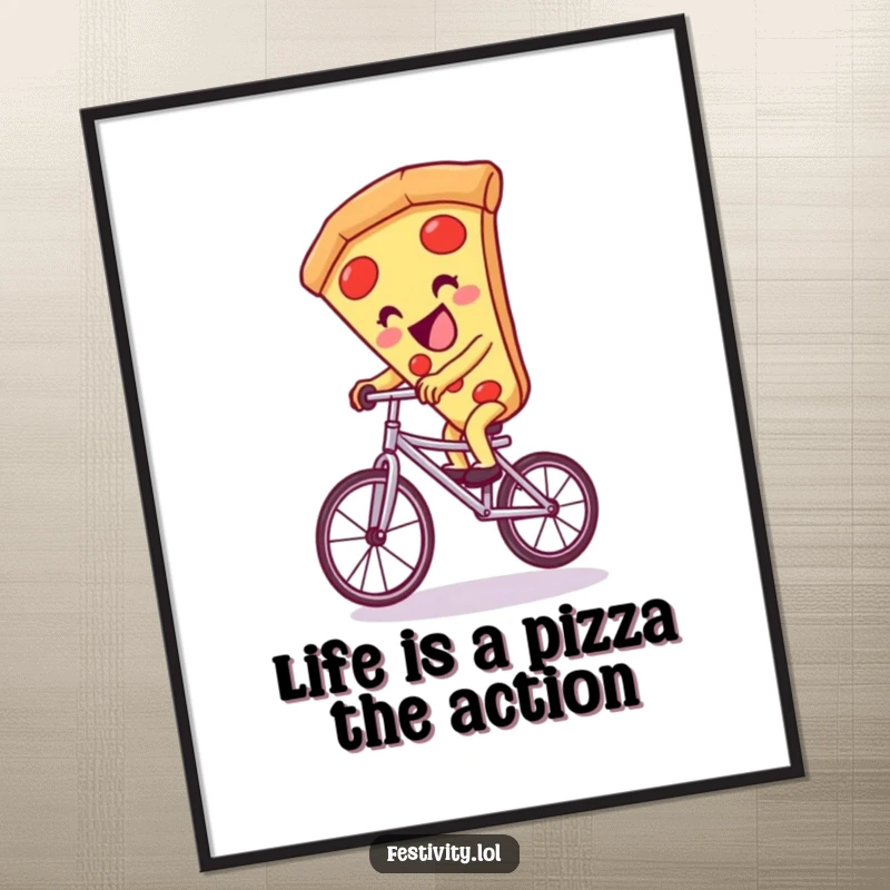 Funny Free Printable Wall Art: A delighted pizza slice masterfully rides a unicycle, bringing joy to any room.
