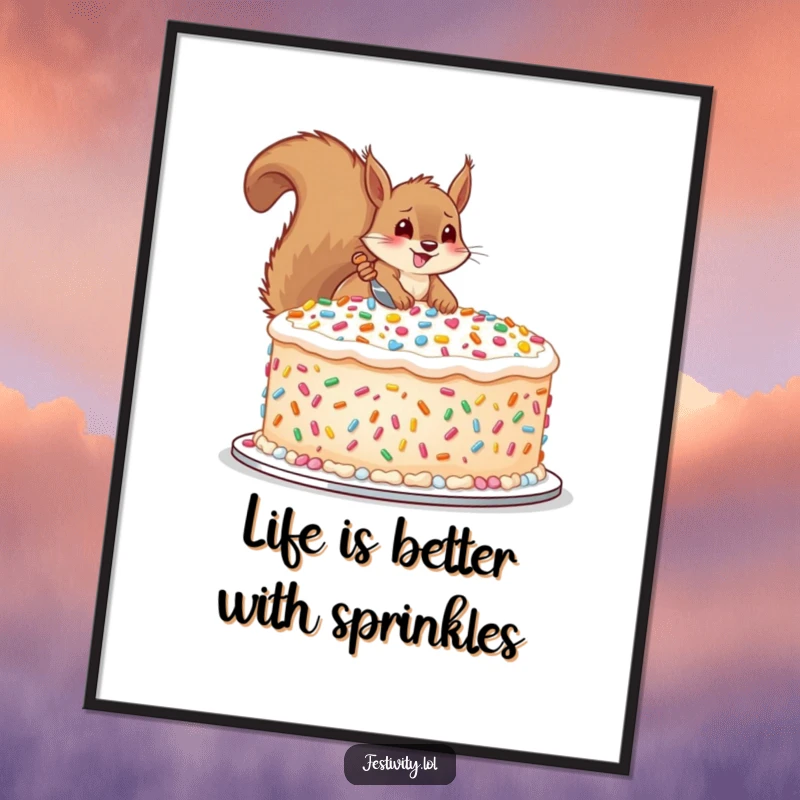 Funny Free Printable wall art: A cheerful squirrel busily decorating a giant cake with an abundance of oversized, colorful sprinkles.