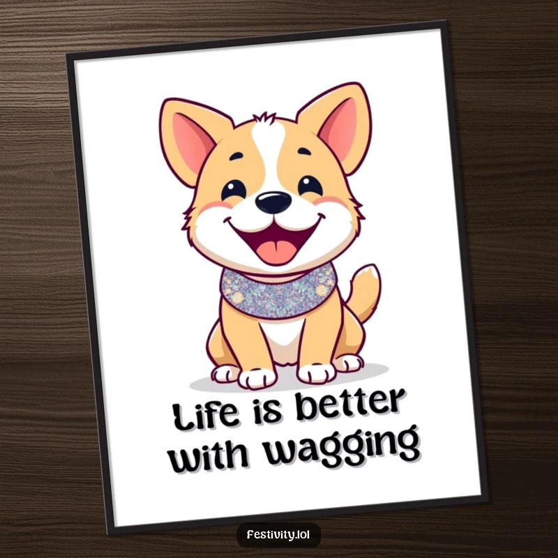 Funny Free Printable Wall Art: Smiling dog wearing a festive glittery collar, wagging tail enthusiastically, bringing joy.