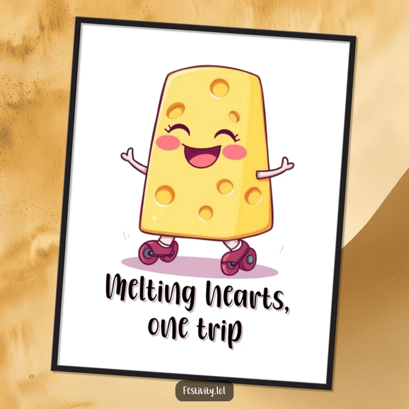 Funny Free Printable Wall Art: A smiling cheese slice wearing tiny roller skates, comically falling over.