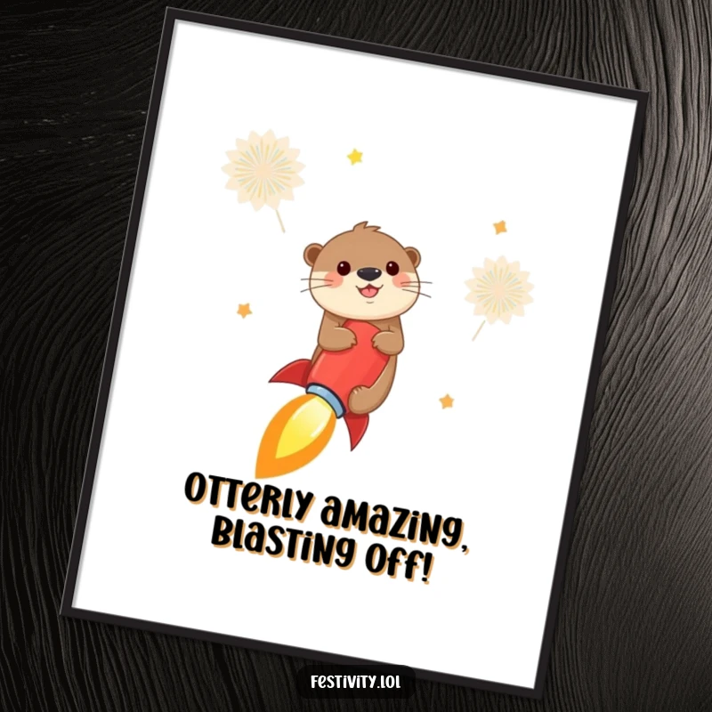 Funny free printable wall art of a cheerful otter riding a firecracker like a rocket into the sky, adding exhilarating humor to decor.