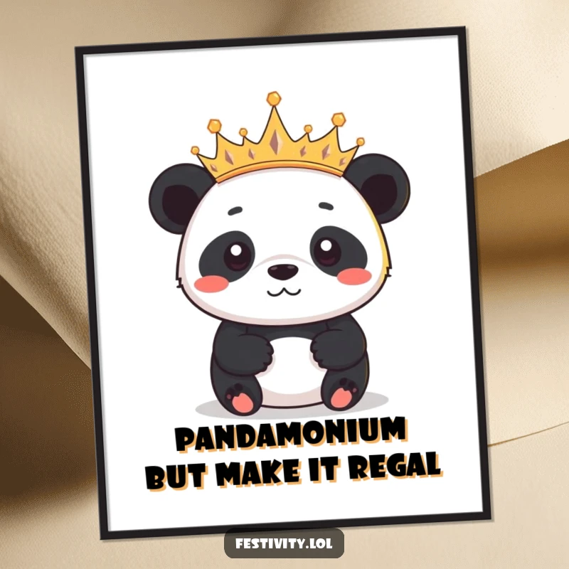 Funny Free Printable Wall Art: A determined panda proudly wearing a crown made of tiny twinkling lights, radiating joy.