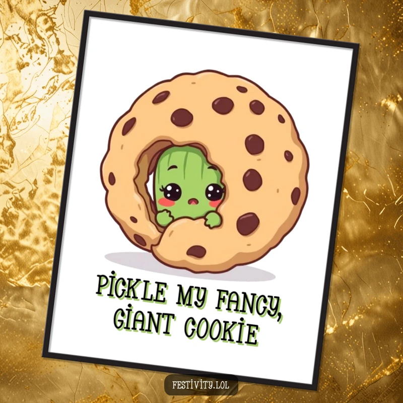 Funny Free Printable Wall Art: A shy pickle hiding behind a massive cookie with a comically surprised face.
