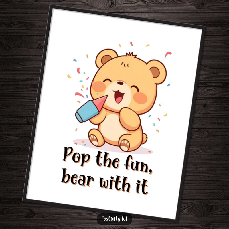 Funny Free Printable Wall Art: Delighted bear cub popping confetti from a party popper, festive art.