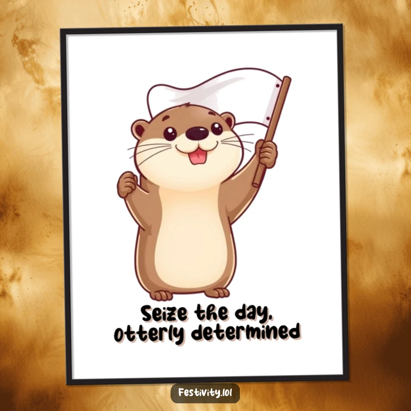 Funny free printable wall art: A determined otter with a proud smile, holding a flag high as a symbol of success.