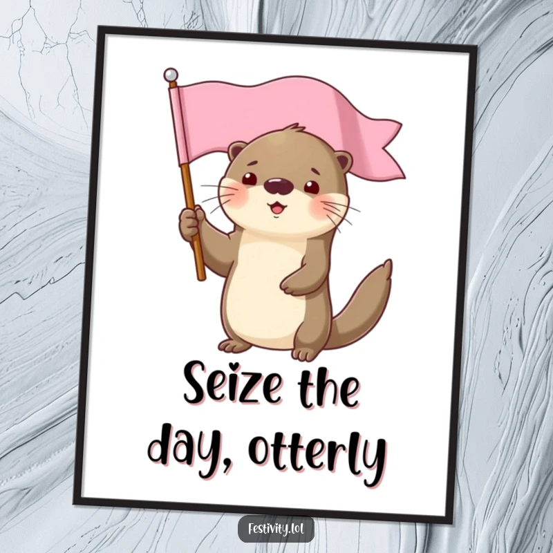 Funny free printable wall art depicting a determined otter smiling while holding a flag aloft, adventurous downloadable decor.