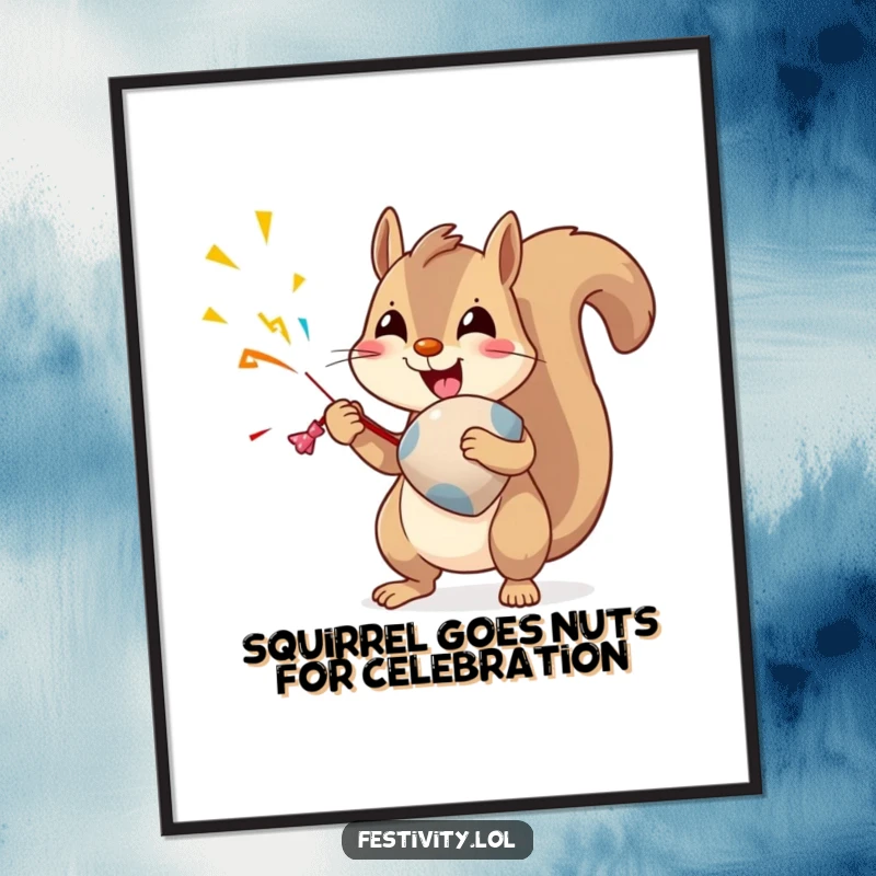 Funny Free Printable Wall Art: A delighted squirrel about to burst an oversized party popper, bringing explosive joy to any room.