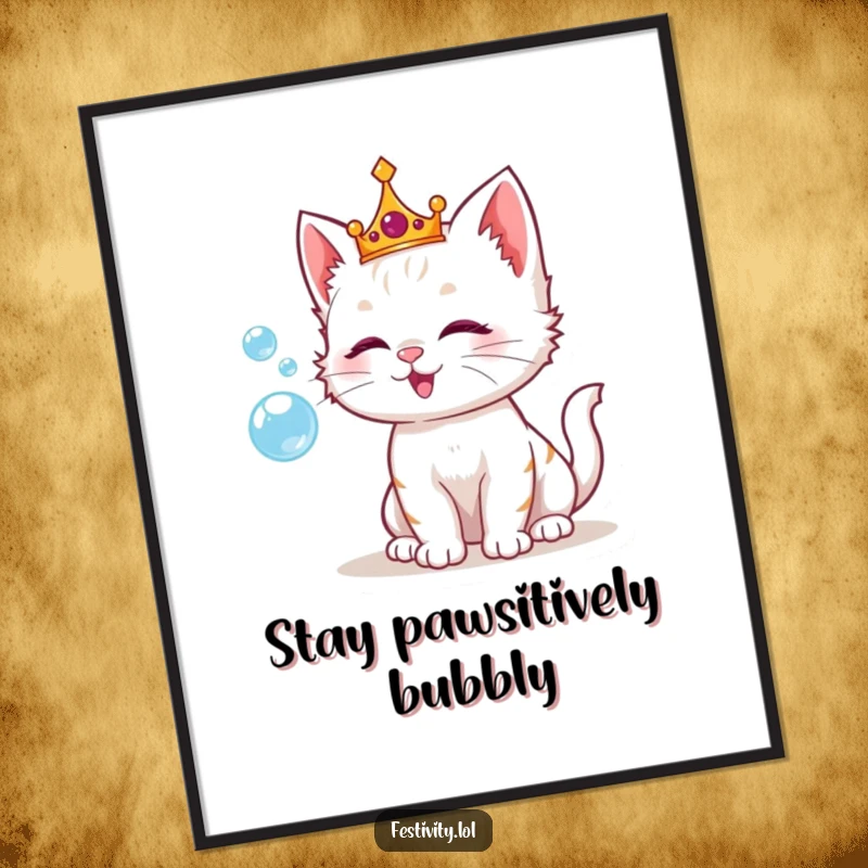 Funny Free Printable Wall Art of a playful kitten wearing a crown, blowing a stream of iridescent bubbles with pure delight.