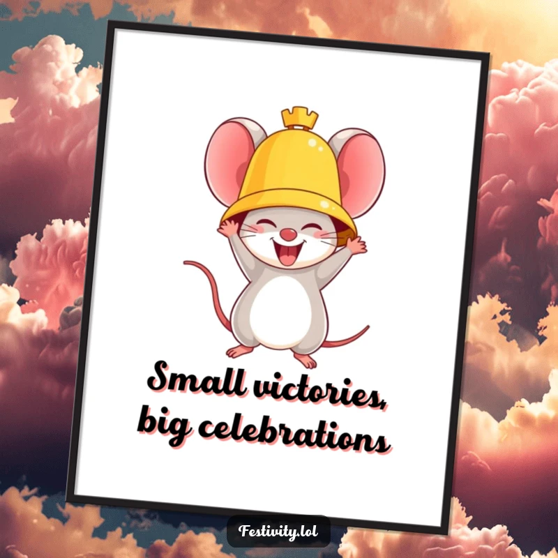 Funny Free Printable Wall Art: a delighted mouse ringing a massive golden bell, radiating pure triumph and joy.