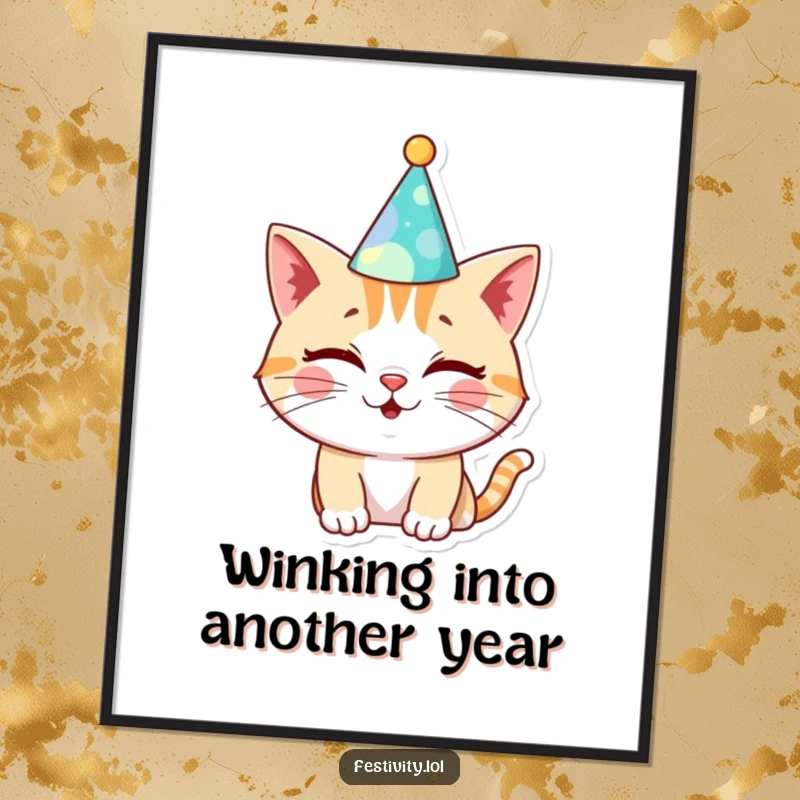 Funny Free Printable Wall Art: A cat in a festive hat giving a playful wink.