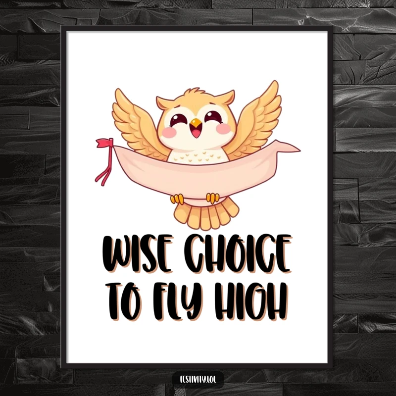 Funny Free Printable Wall Art of a joyful owl soaring with a banner, adding whimsical decor to any space.