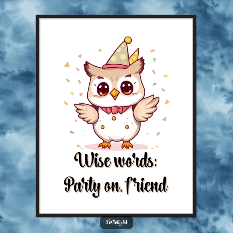 Funny Free Printable Wall Art: A tiny owl dressed as a party planner, excitedly scattering confetti, creating a festive and fun vibe.