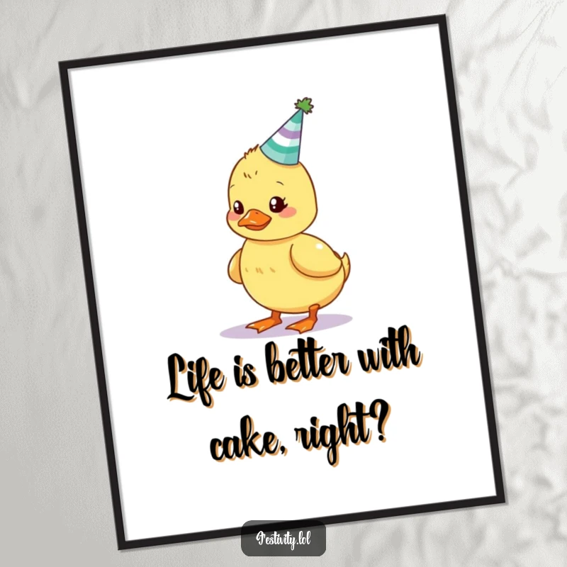 Funny Free Printable Wall Art: a wobbly duckling attempting to balance a birthday cake, whimsical and endearing.