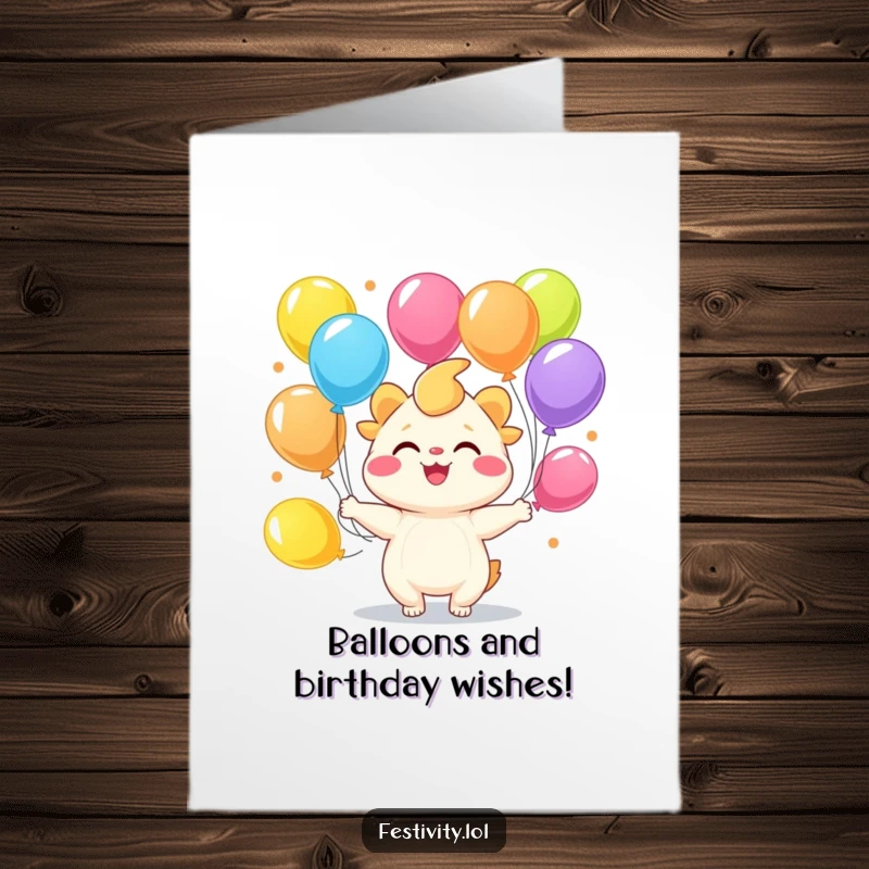 Funny Free Printable Birthday Card: Joyful creature juggling colorful balloons with a huge smile, pure happiness.