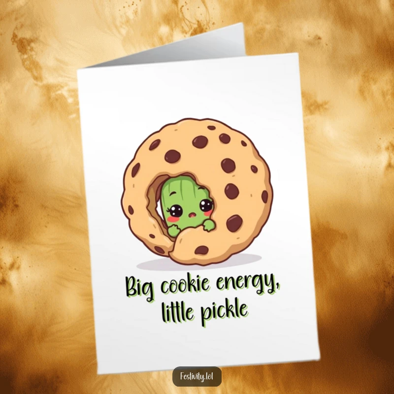 Funny Free Printable Birthday Card: Shy pickle peeking from behind a giant cookie, looking surprised and cute.