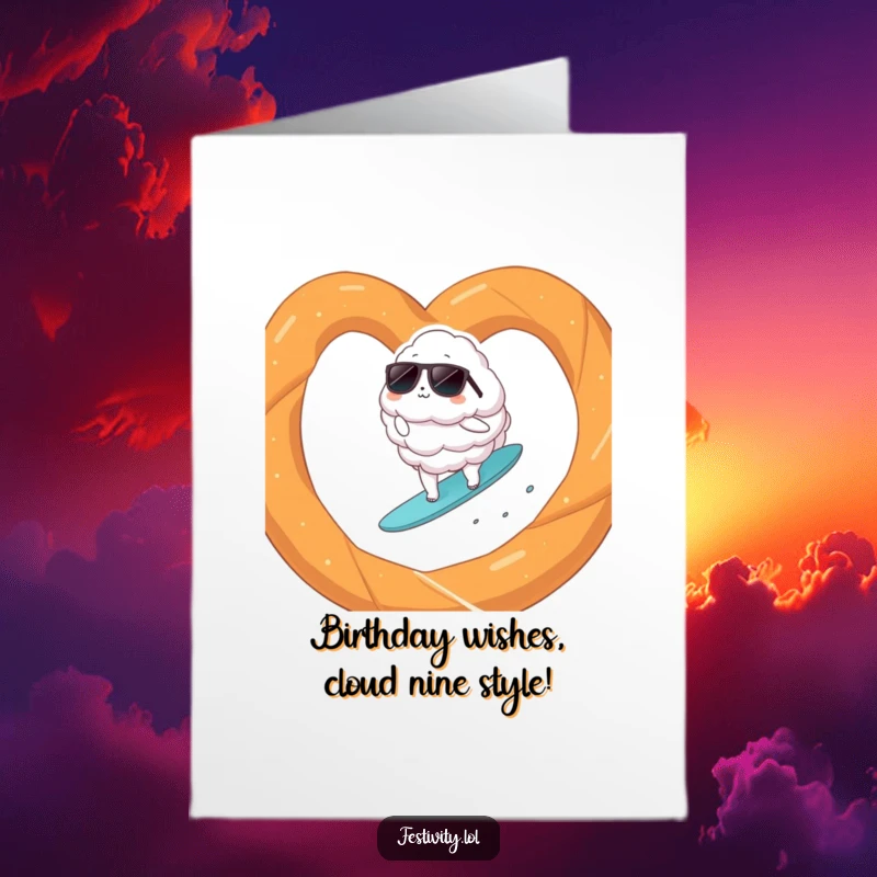 Funny Free Printable Birthday Card: A fluffy cloud in sunglasses joyfully surfing on a giant pretzel.