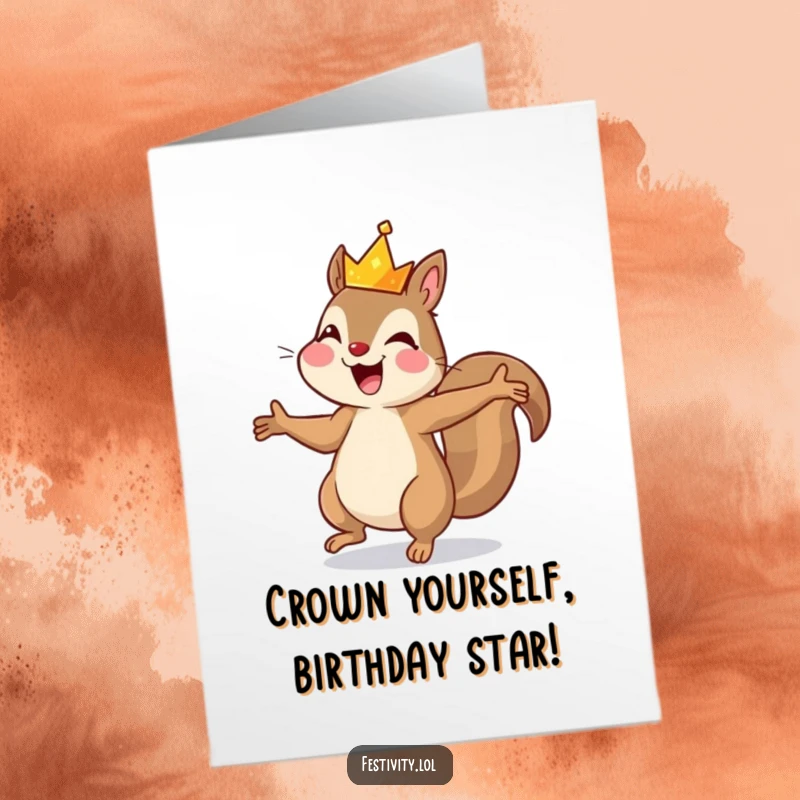 Funny Free Printable birthday card, a joyful squirrel in a sparkling crown dancing with pure ecstasy, ready to celebrate.