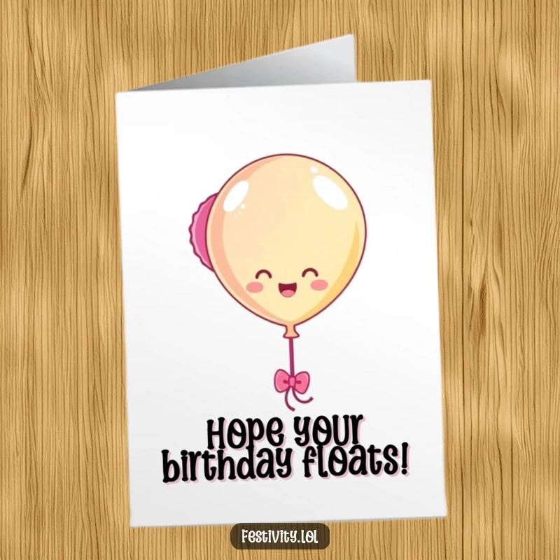 Funny Free Printable Birthday Card: A happy balloon character cheerfully bobbing with streamers trailing behind.