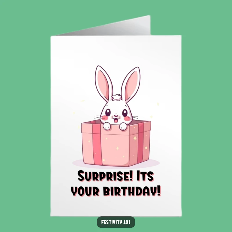 Free Printable Birthday Card: Bunny Surprise Gift Box Funny Downloadable