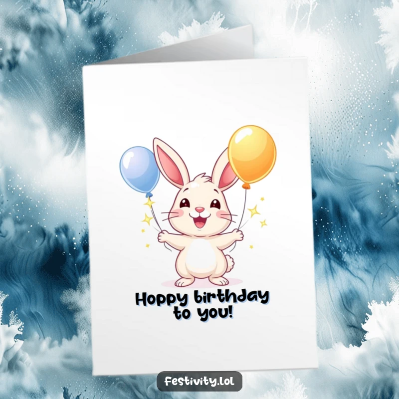 Funny Free Printable Birthday Card featuring a cheerful rabbit smiling widely while juggling several sparkling balloons.