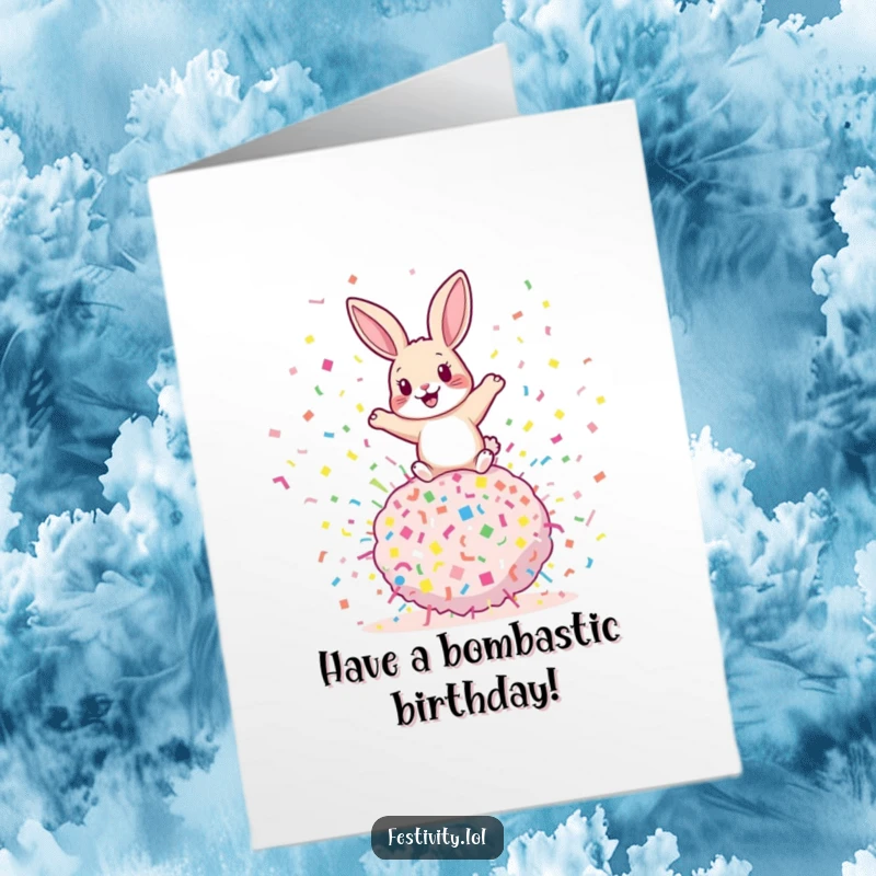 Funny free printable birthday card featuring a playful rabbit bouncing on a giant confetti bomb, ready to celebrate with explosive humor.