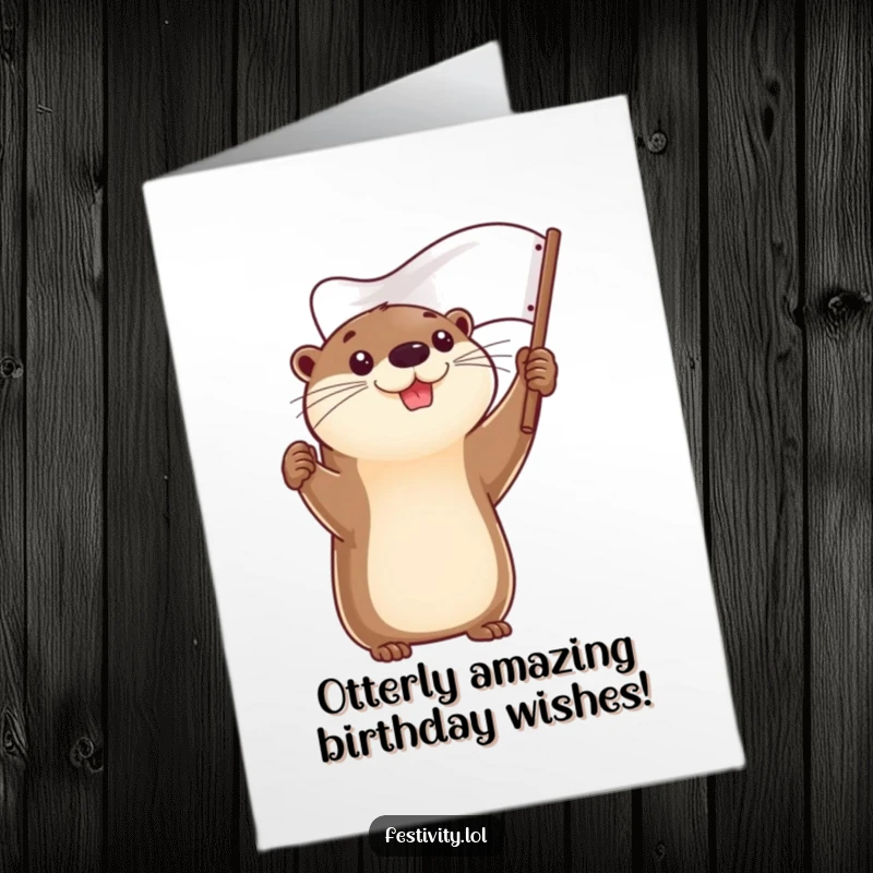 Funny free printable birthday card: A smiling, determined otter proudly hoisting a flag high. Triumphant downloadable art.
