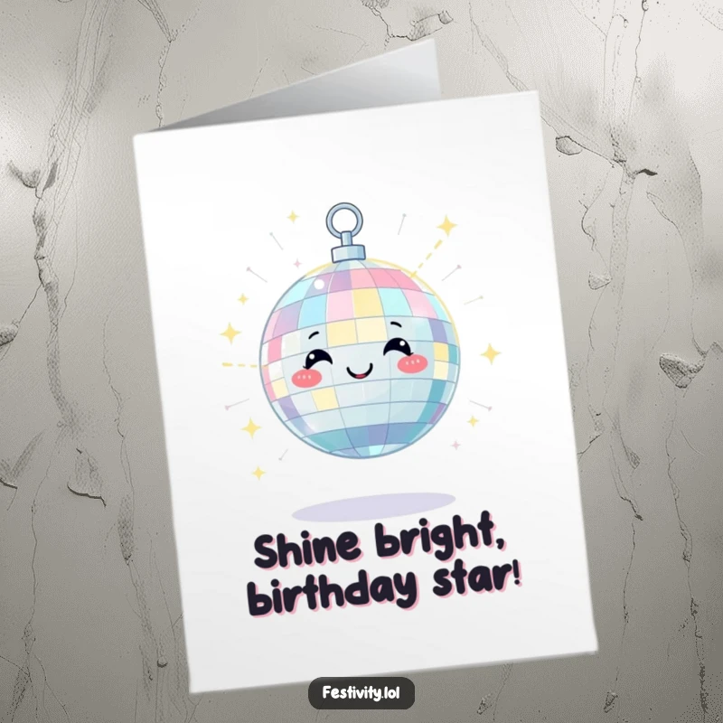 Funny Free Printable Birthday Card: A satisfied disco ball character gleams, scattering bright light beams with a happy, twinkling eye.