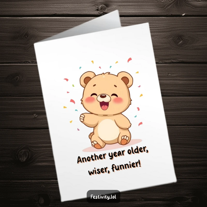Funny free printable birthday card of a giggling bear cub joyfully tossing a shower of colorful confetti, spreading pure happiness.