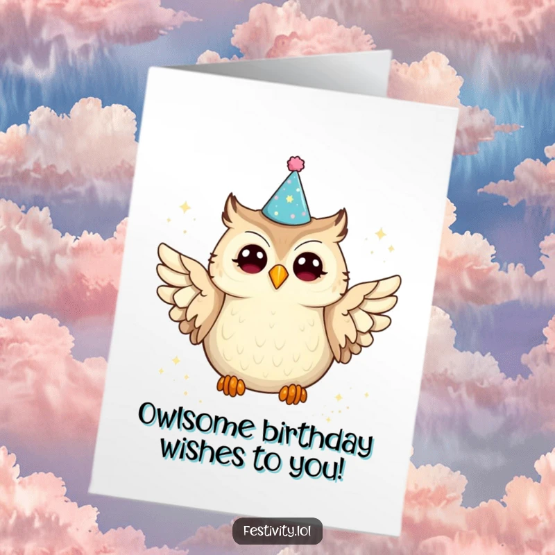 Funny free printable birthday card featuring a joyful owl in a party hat spilling glitter, perfect for a humorous greeting.