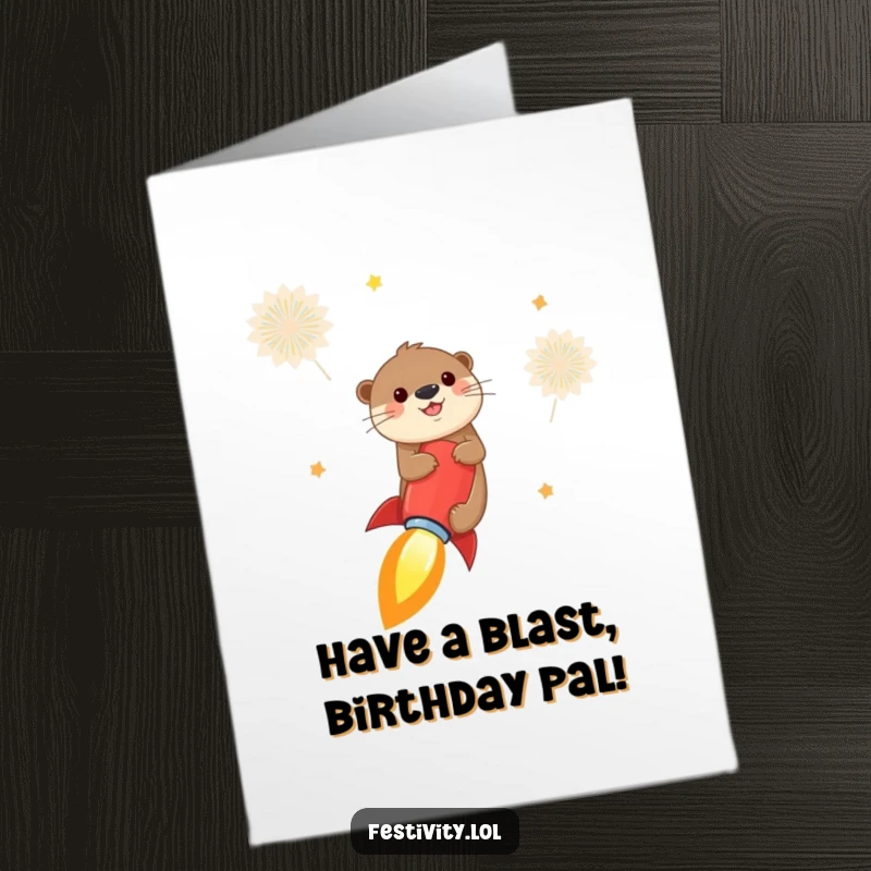 Funny free printable birthday card featuring a cheerful otter riding a firecracker like a rocket, soaring into the sky with joy.