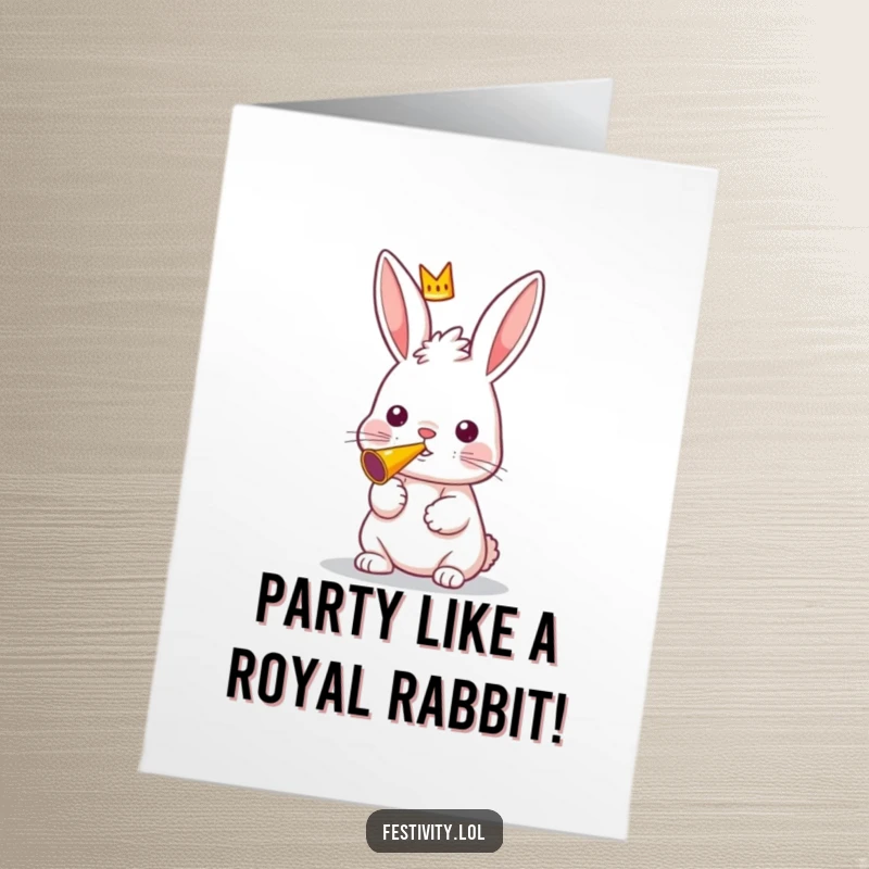Funny Free Printable Birthday Card: Curious rabbit wearing a small crown blows a party horn with festive excitement.