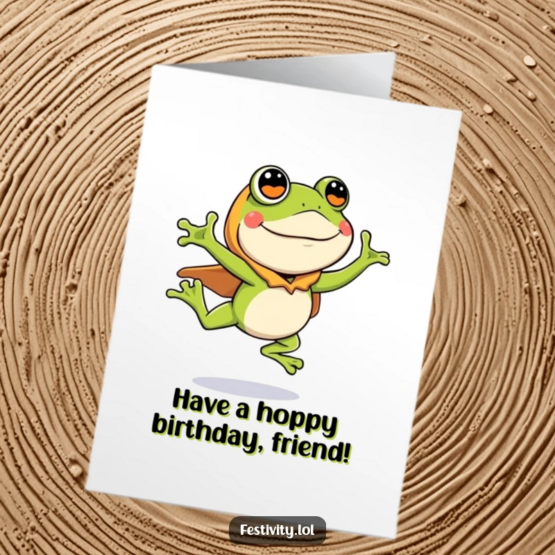 Funny Free Printable Birthday Card: Silly frog in a costume leaping enthusiastically, a comical downloadable greeting.