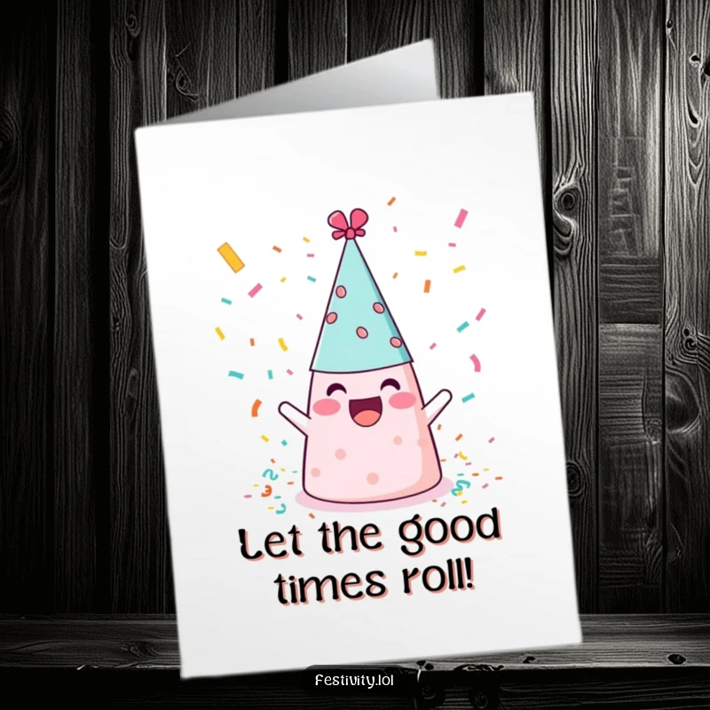 Funny Free Printable Birthday Card: A cheerful party hat joyfully throws confetti. A festive and humorous DIY birthday card.