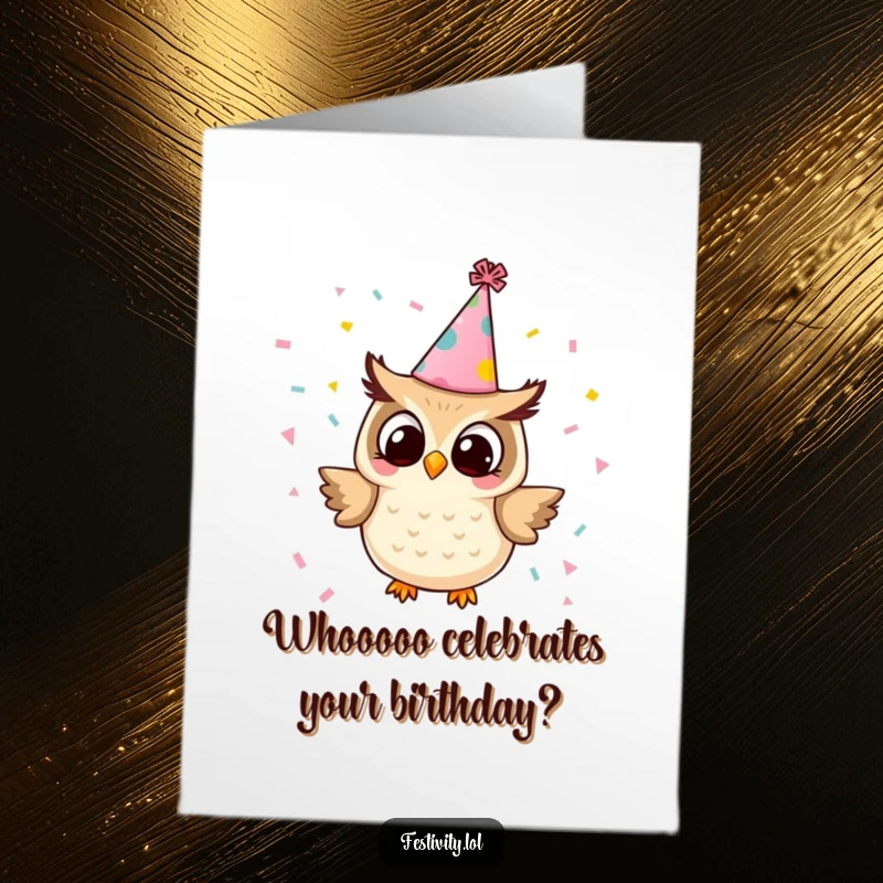 Funny Free Printable Birthday Card: Tiny owl in a party hat joyfully releasing confetti, festive and fun.