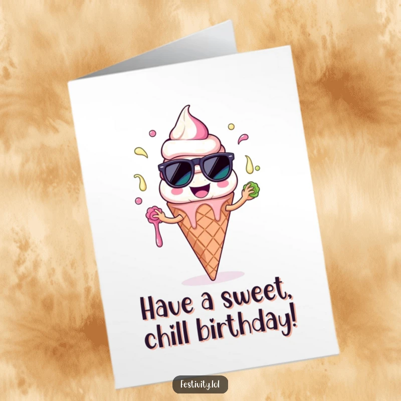 Funny Free Printable Birthday Card: A smiling ice cream cone with sunglasses juggles melting scoops, celebrating a cool birthday.