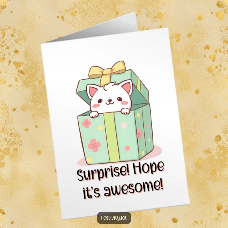 Funny free printable birthday card featuring a mischievous critter popping its head out of a huge, colorful gift box.