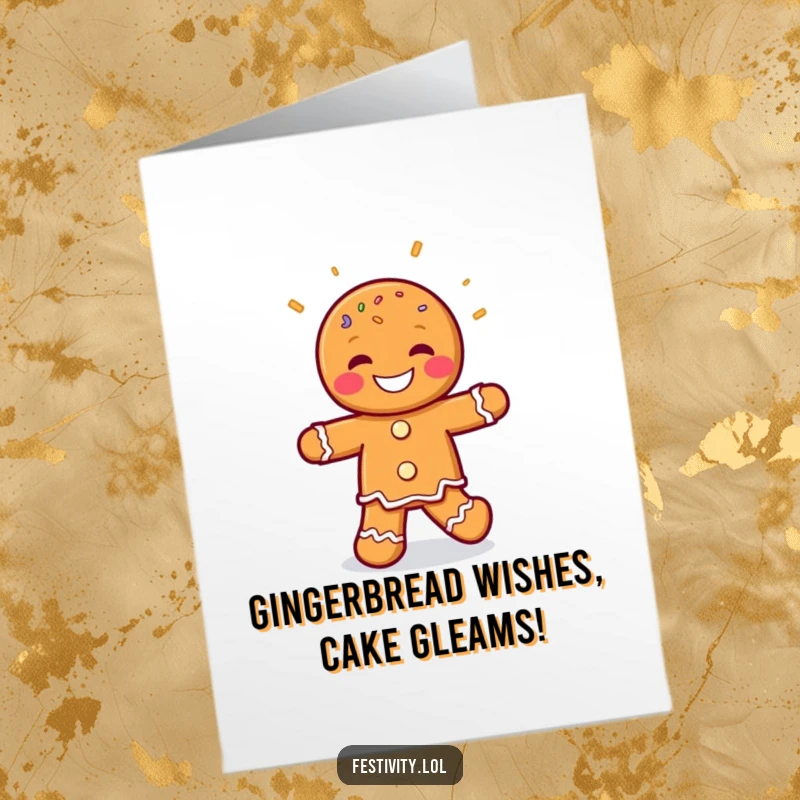 Funny Free Printable Birthday Card: A grinning gingerbread man doing a joyful jig with sprinkles, perfect for a laugh.
